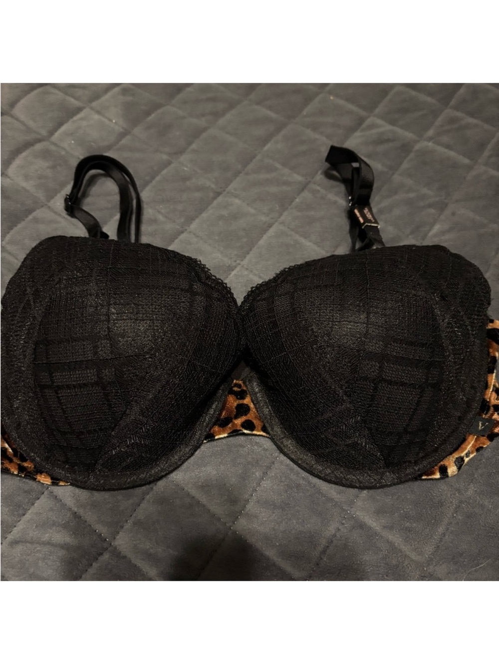 Victoria's Secret Black Lace Push-Up Bra with Leopard Detail